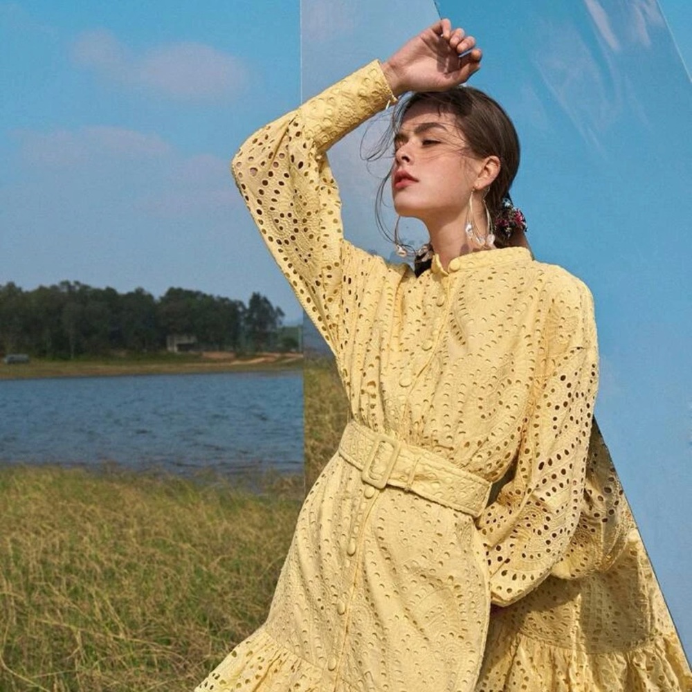 SHEIN Button Front Ruffle Hem Schiffy Embroidered Belted dress 👗